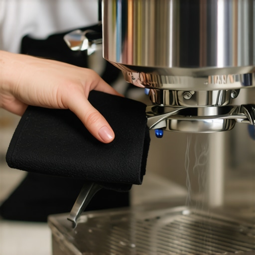 Barista using a thick cloth to safely purge an espresso machine steam wand