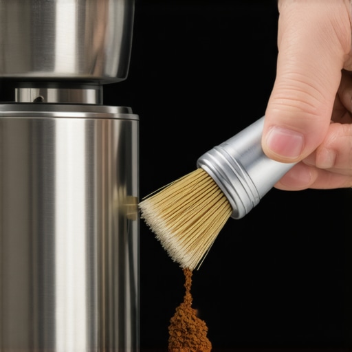 Seasoning and Cleaning Coffee Grinder Burrs Close up of espresso grinder burrs being cleaned with a brush