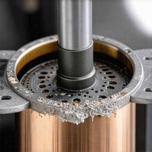 Internal view of an espresso machine boiler with thick white mineral scale covering the copper components.