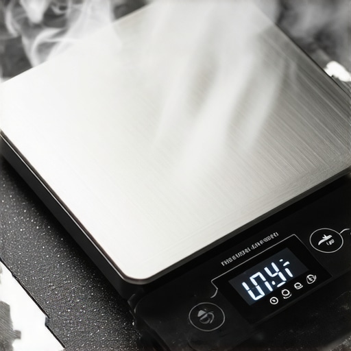 A black silicone mat placed on top of a digital coffee scale on a drip tray to prevent heat damage.