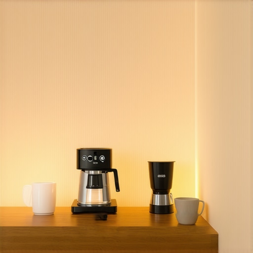 A compact and well-organized espresso bar setup on a narrow floating shelf in a modern hallway.