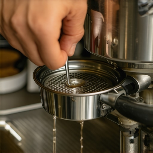 Close-up of a blind filter basket test on an espresso machine to diagnose pump health.