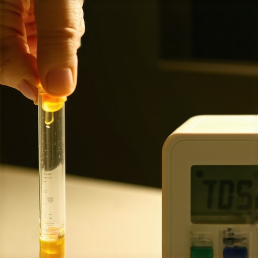 A person testing water hardness for an espresso machine using a liquid drop kit and a TDS meter.