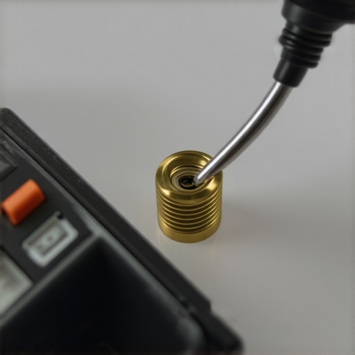 A technician using a multimeter to check the resistance of a brass NTC thermistor from an espresso machine boiler.