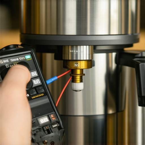 Testing an espresso machine thermostat with a multimeter Hands using a multimeter to check continuity on a coffee machine thermostat boiler part.