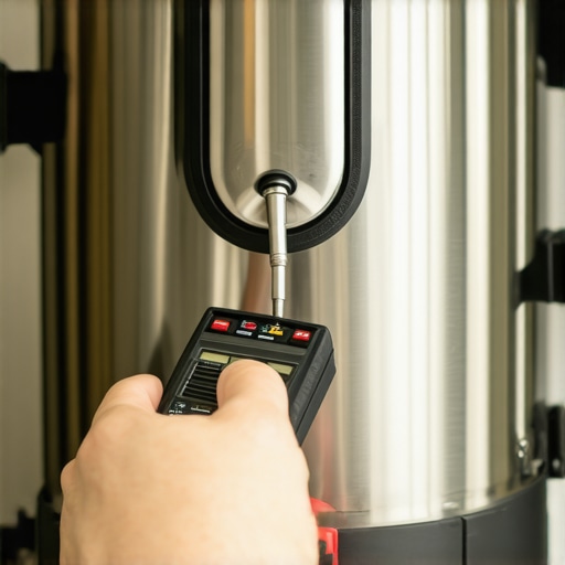 Close-up of internal espresso machine wiring being tested with a multimeter