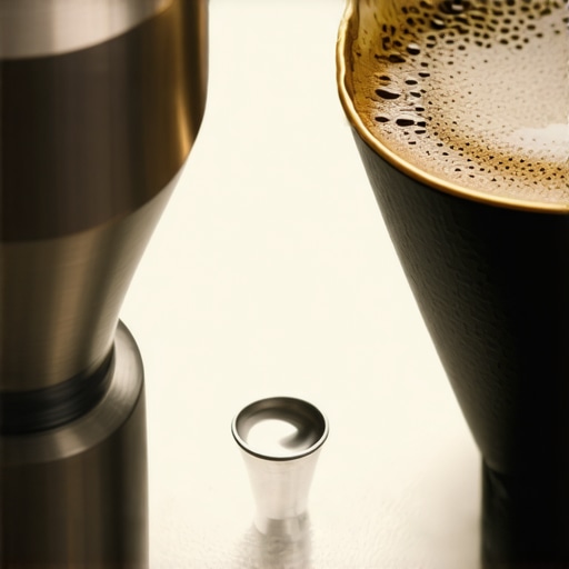 A wet espresso tamper next to a portafilter showing why moisture ruins the coffee puck.