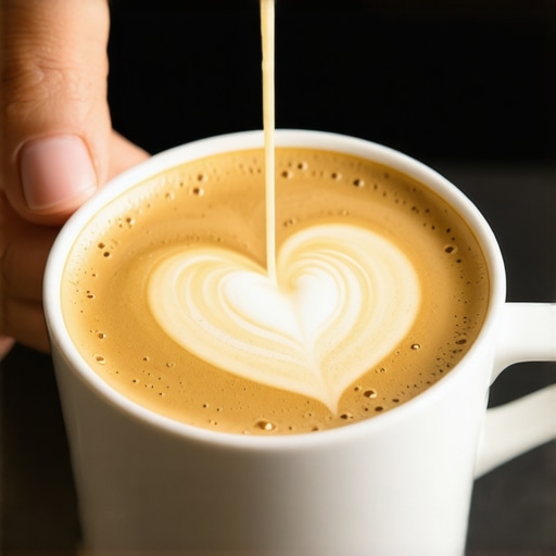 Close-up of glossy microfoam being poured into espresso crema for a centered heart.