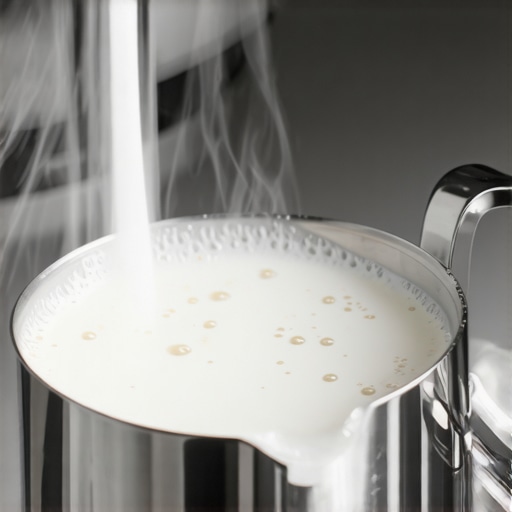 A professional milk vortex showing the integration of microfoam and liquid milk.