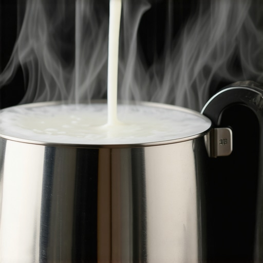 Close-up of a stainless steel milk pitcher creating a vortex for flat white microfoam.
