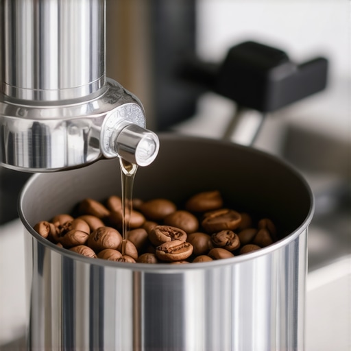 Barista spraying water on coffee beans to prevent grinder static and retention