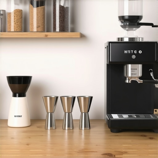 A professional-style home espresso setup with a clean machine and organized barista tools.