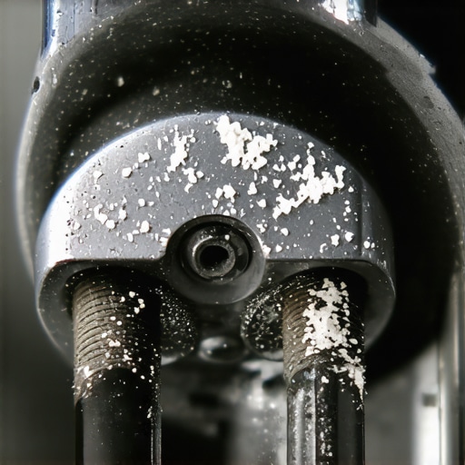 Close up of coffee grinder burrs showing starch residue from using rice as a cleaner.