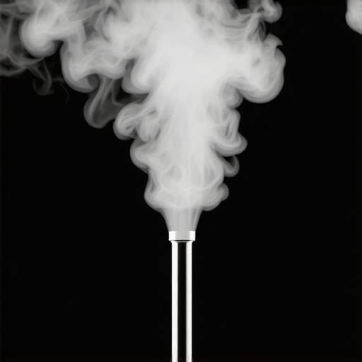 Close-up of a professional espresso machine steam wand tip emitting steam.