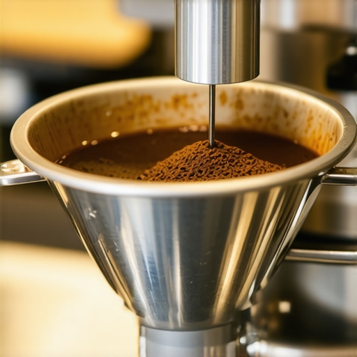 A barista using a needle distribution tool to fix clumping in coffee grounds.