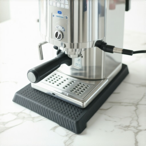 A black silicone dampening mat placed under a chrome espresso machine on a marble counter to reduce noise.