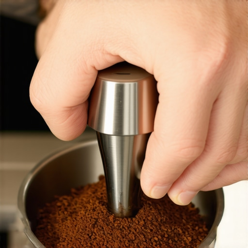 Using fingers as a guide for a level espresso tamp A close-up of a barista's hand using their thumb and forefinger to level an espresso tamper against the portafilter basket.