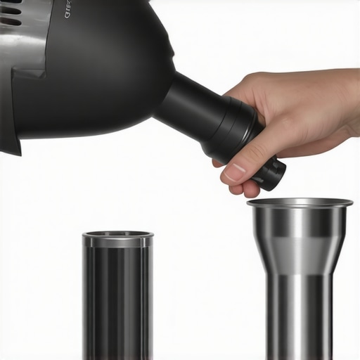 Close-up of a hair dryer heating a coffee grinder adjustment collar to break a seize.