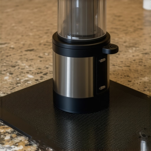 Vibration Isolation Mat for Coffee Grinders A close-up of a rubber mat dampening the vibrations of a coffee grinder on a kitchen counter.