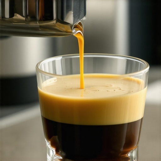Close up of espresso pouring into a glass showing the color change from dark to blonde crema