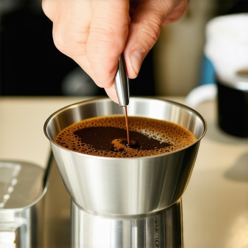 Barista stirring coffee grounds with needles to remove clumps in a portafilter basket.