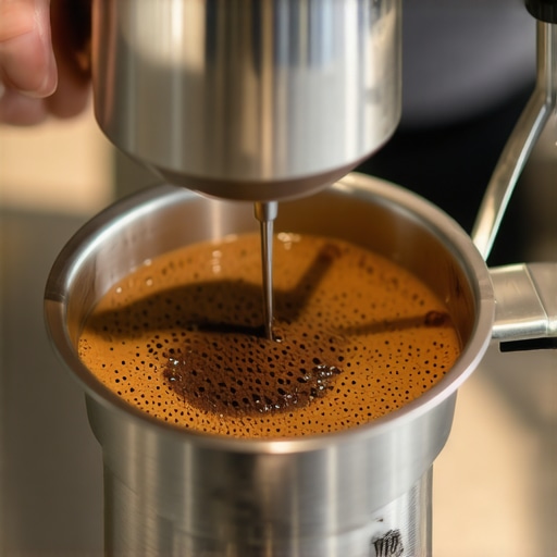 Close-up of WDT tool stirring coffee grounds in a portafilter for even espresso extraction.