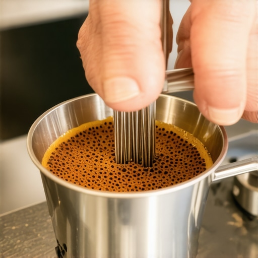 Close up of thin wires stirring coffee grounds in a portafilter to improve espresso extraction.