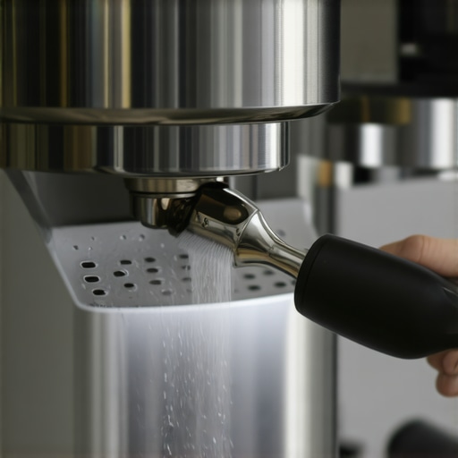 Close up of cleaning an espresso machine group head with a brush